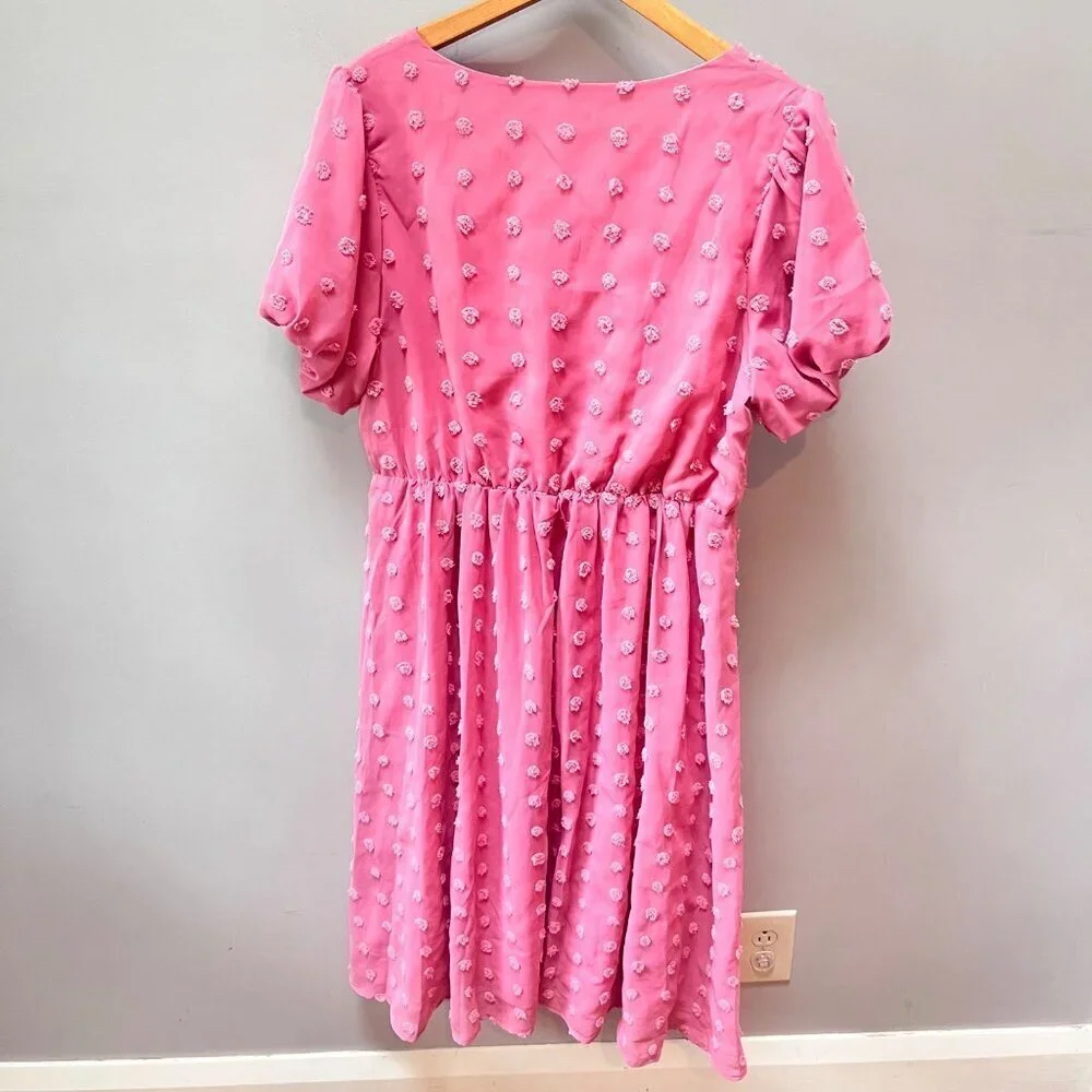Baltic Born Pink Swiss Polka Dot Midi Dress L 100% Polyester Button-Down Front S